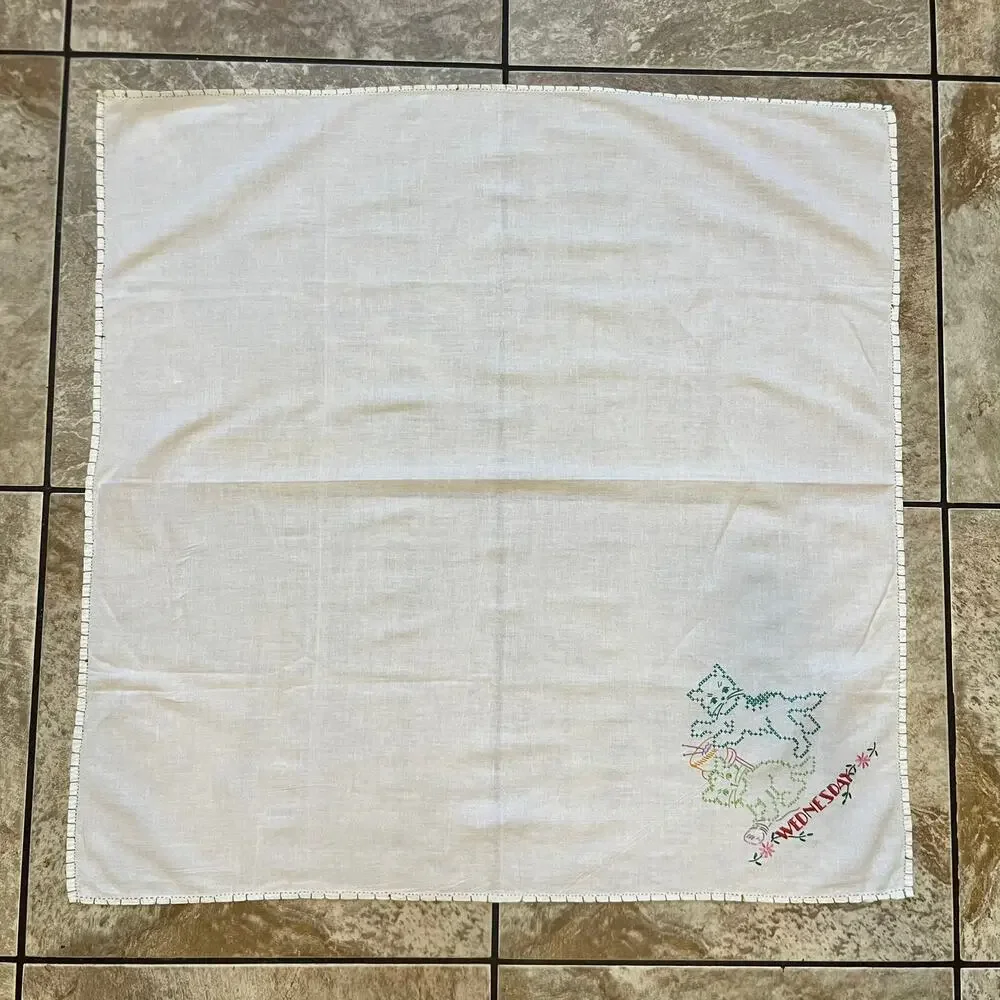 Vintage Embroidered Cat Day Towels Set Monday Wednesday Kitchen Linen 33x29.5